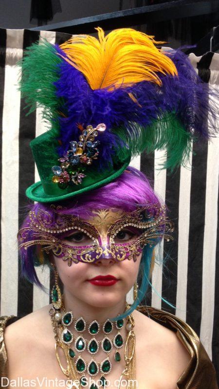 Mardi Gras New Orleans Costumes, Dallas Mardi Gras Celebration Attire, Mardi Gras Fashionable Hats, Mardi Gras Masquerade Masks & Mardi Gras Elaborate Costumes from Dallas Vintage Shop.