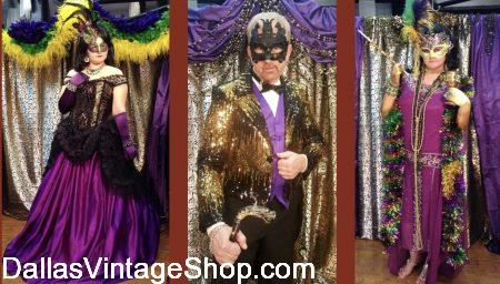 Extravagant & Themed Mardi Gras Costume Ball Outfits are in stock at Dallas Vintage Shop.