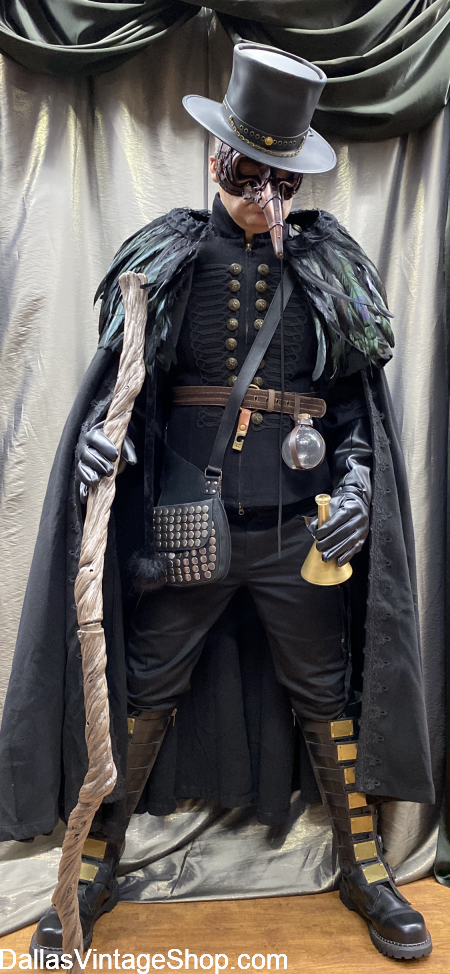 Plague Doctor Outfit, Plague Doctor Steampunk Costume, Deluxe Plague Doctor Costume, Robe, Cloak, Hat, Mask & Accessories are at Dallas Vintage Shop.